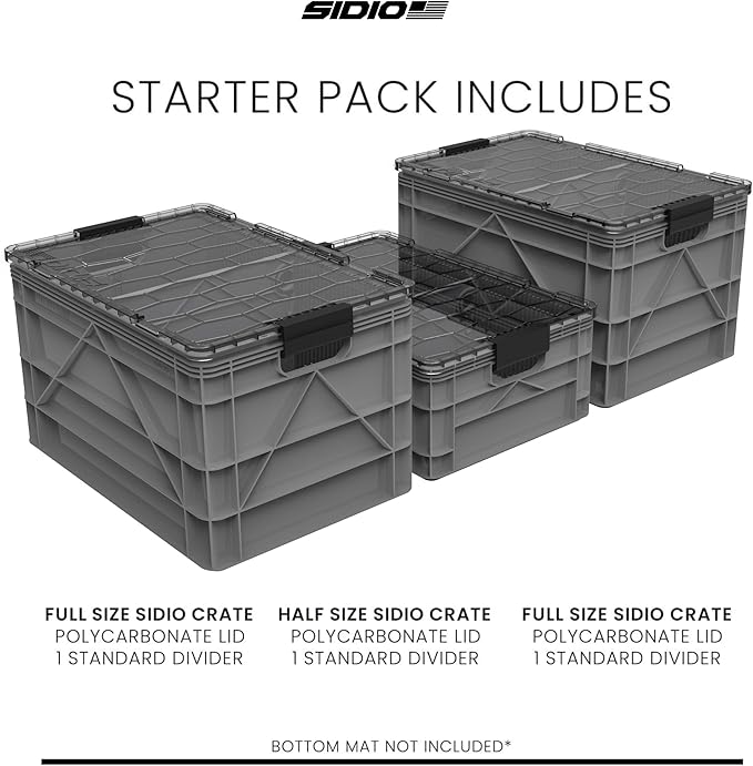 SIDIO CRATE Starter Pack - Two Full Size and One Half Size SidioCrate Stackable Outdoor Organizer Storage Bins with Clear Lid and Dividers - Gray