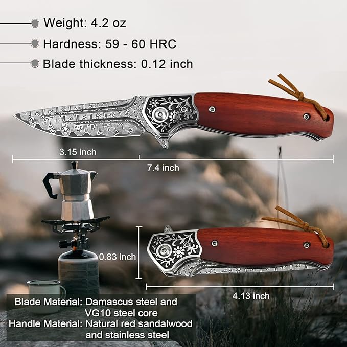 AUBEY Damascus Pocket Knife with Wooden Handle for EDC Camping Collection