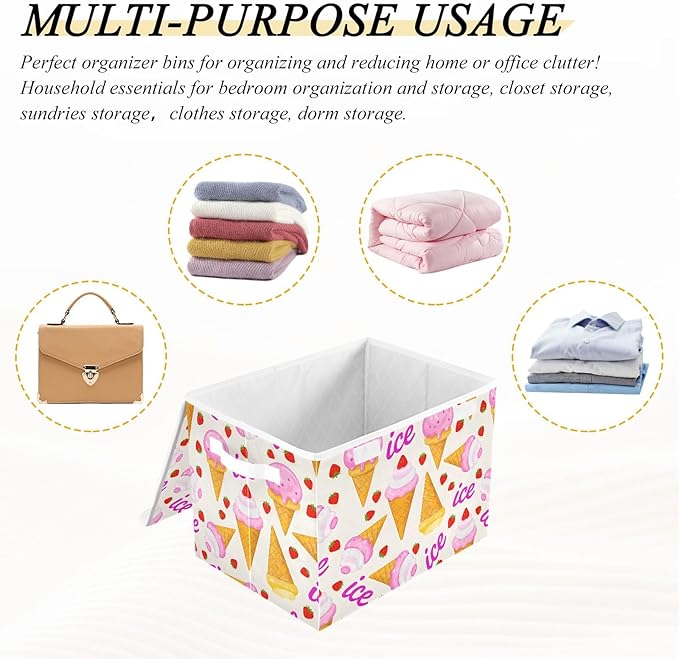 ALAZA Ice Cream Cone Strawberry Storage Bins Organizer Box Baskets Lidded Clothes for Shelves Closet Collapsible Stackable Storage Cubes Handles