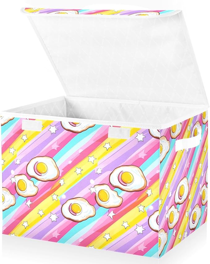 Stars Eggs Storage Cube Bins Basket with Lid Collapsible Flip-top Fabric with Handle for Home Bedroom Closet Office 16.5×12.6×11.8 in