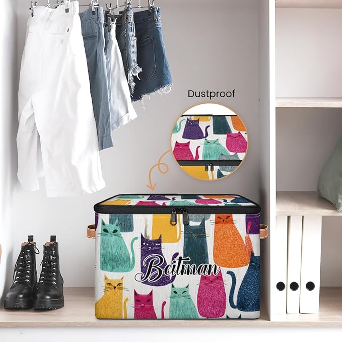 Storage-Bins with Lids Handle Customized Stackable-Storage-Bin for Kids-Boys-Girls-Toys Cube Collapsibl Basket Cats