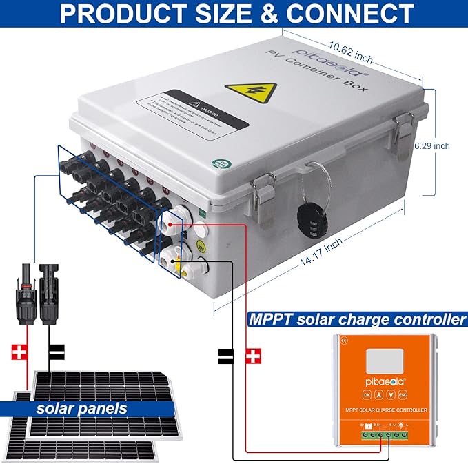 Pikasola PV Combiner Box 6 String Solar Combiner Box with 15A LED Fuse Lightning Arreste and 63A Air Circuit BreakerCombiner Box for Solar Panel On/Off Grid System IP65 Water Resistant