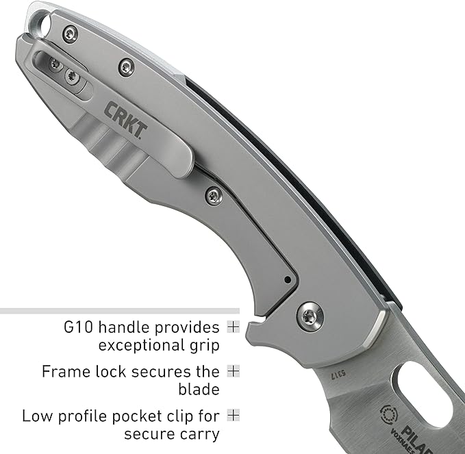 CRKT Pilar III Everyday Carry EDC Pocket Folding Knife with Frame Lock: Stainless Steel Plain Edge Blade G10 Handle Pocket Clip 5317