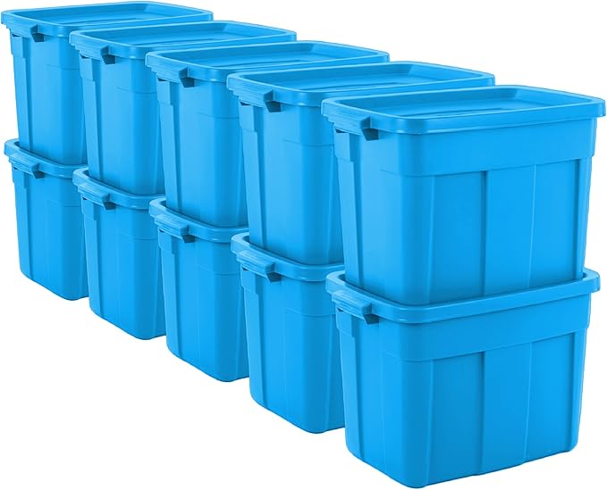 Rubbermaid Roughneck Tote 18 Gal 10 Pack Made in USA Heritage Blue Rugged Plastic Stackable Storage Bins with Lids and Handles