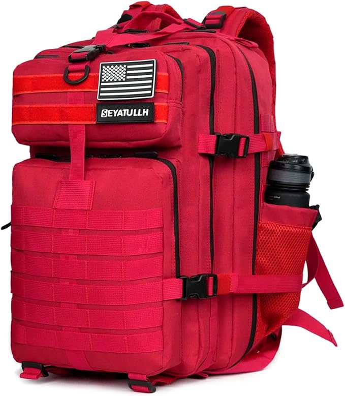 45L Military Tactical Backpack for Men &amp Women Bug Out Bag Assault pack Molle Daypack Hiking Trekking Rucksack (2.0 side pockets (red))