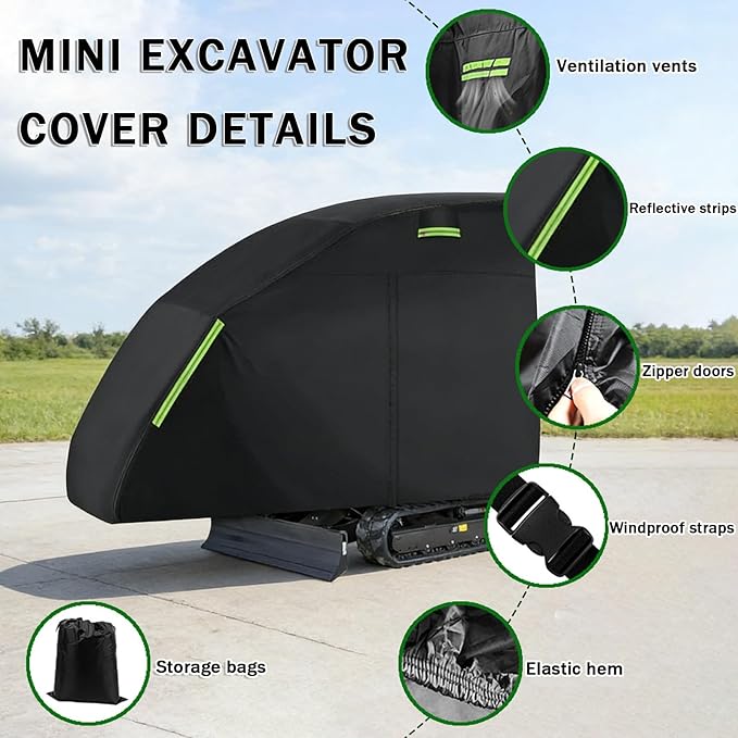 Mini Excavator Cover for Kubota K008-3 Heavy Duty Waterproof Compact Excavator Tarp with Zipper Door &amp Reflective Strips for Outdoor Storage