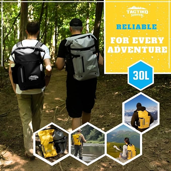 Tactiko Survival 30L Heavy-Duty 100% Waterproof Backpack - Equipment Pocket Carabiner - Roll Top Floating Dry Bags (Jet Black)