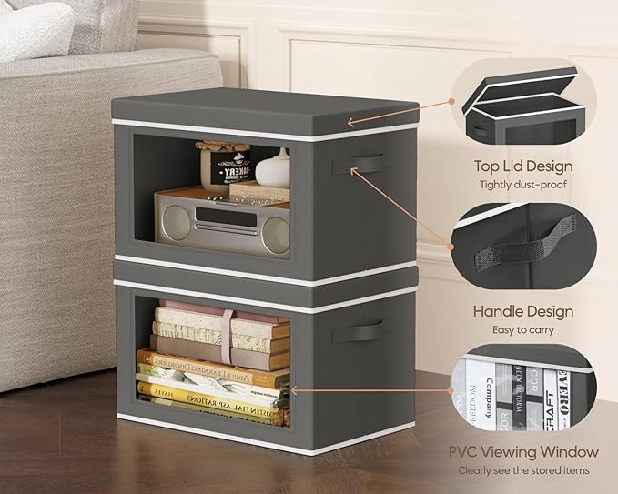 Homsorout Collapsible Storage Bins with Lids - Stackable Storage Containers with Window 6 Pack Fabric Cube Bins for Closet Home &amp Office Organization Baskets Dark Gray 14.9 x 9.8 x 9.8
