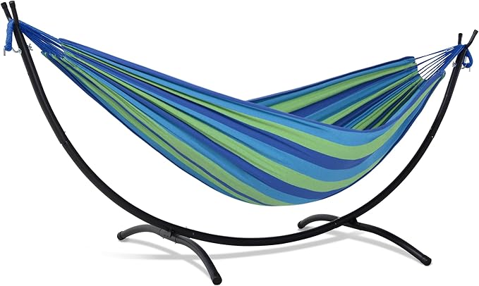 SUNCREAT Portable Outdoor Hammock with Stand Included Double Hammock with Stand for Outside Blue &amp Green Stripes