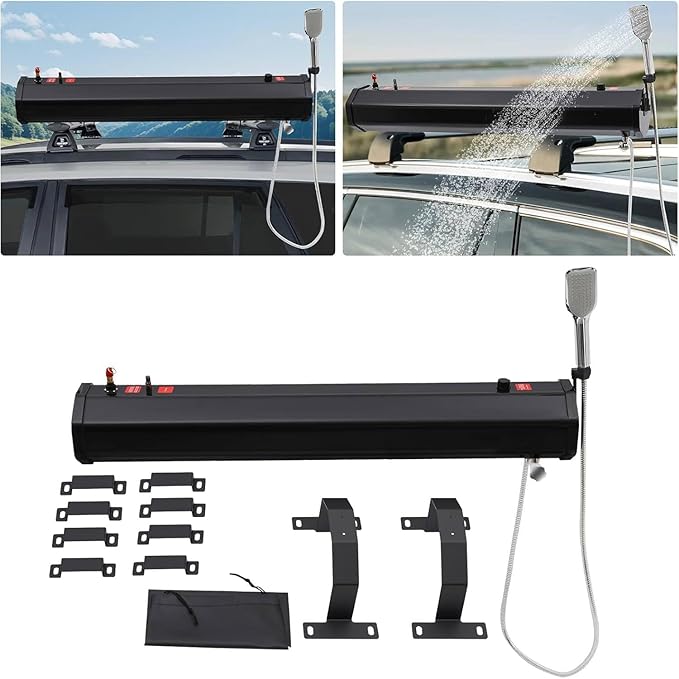 4.8/5.3/7.9 Gallon Portable Camping Solar Shower for Water Storage Roof Rack Mount Road Shower with 4.92ft Water Pipe and Shower Head Suitable for Suvs Sedans Rvs Trucks 20L/5.3Gallon