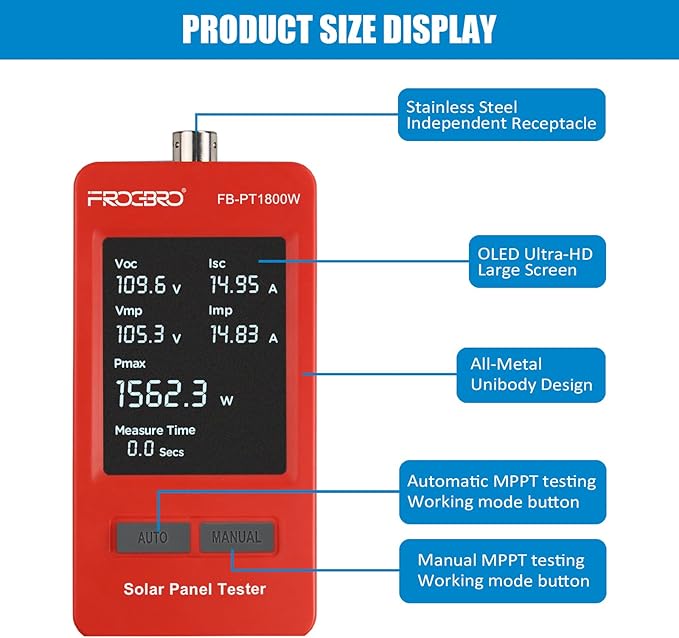 FrogBro 1800W Solar Panel Tester – PV Multimeter with Smart MPPT &amp HD OLED Display for Solar Panel Diagnostics and Data Analysis