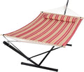 SUNCREAT Outdoor Hammock with Stand Two Person Quilted Fabric Hammock Swing with 12ft Steel Stand Red Stripes