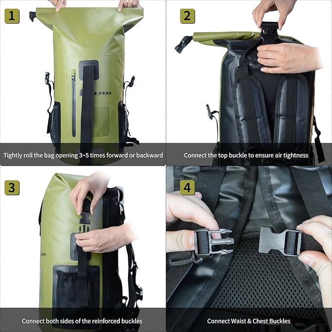 Waterproof Dry Bag Backpack IPX6 Roll-Top Closure Bag Boating &amp Kayak Accessories - Essentials for Camping Swimming Beach Fishing Rafting Travel Green