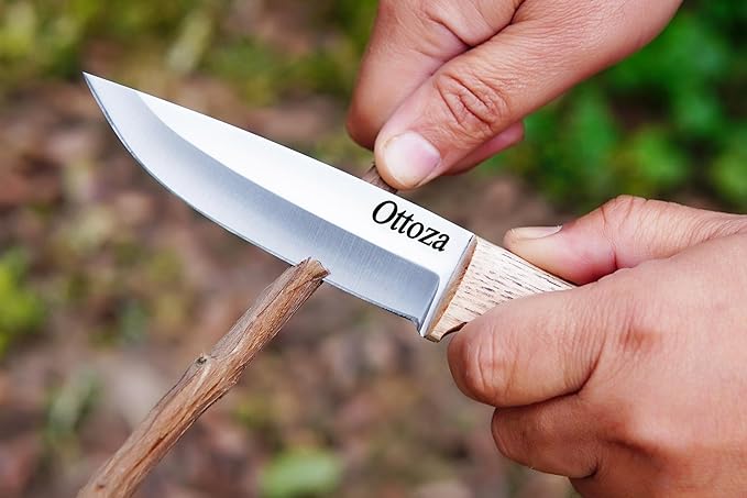 Ottoza Full Tang Bushcraft Knife with 1095 Carbon Steel Fixed Blade - Survival and Outdoor Camping Knife - Ash Wood Handle Brown Leather Sheath 403