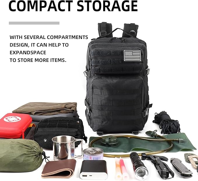 J.SH 45L Large Military Tactical Backpack for Men Army Assault Pack Bag with MOLLE System 3-Day Bug Out Bag for Outdoor Hiking Gym Tactical Missions Rugged Survival &amp Outdoor Rescue - Black