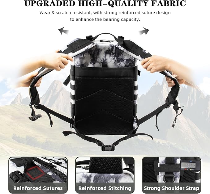 45L Large Tactical Military Backpack for Women and Men Assault Pack Army 3 Day Molle Bug Out Bag with Adjustable Water Bottle Holder Gym EDC Daypack Rucksack for Camping Motorcycle Balck White Camo