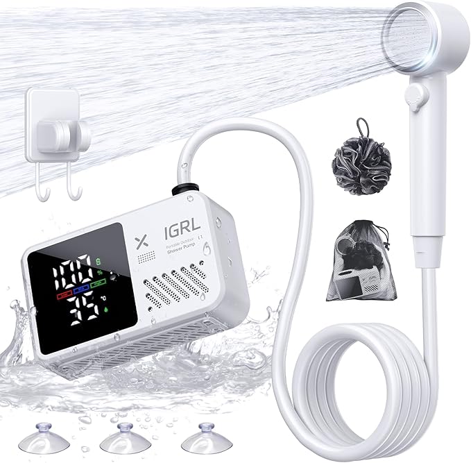 IGRL Portable Shower for Camping Powerful 10L/Min Water Flow Rechargeable Shower Pump with Bath Sponge 4 Spray Modes IPX8 Waterproof 7800mAh Battery Ideal for Hiking Travel Car Wash Pet