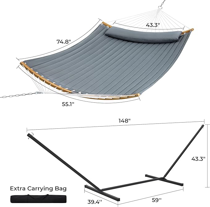 SUPERJARE Hammock with Stand 2 Person Heavy Duty Hammock with Padded Cotton Detachable Pillow &amp Strong Curved-Bar &amp Portable Carrying Bag Perfect for Outdoor &amp Indoor Neutral Gray