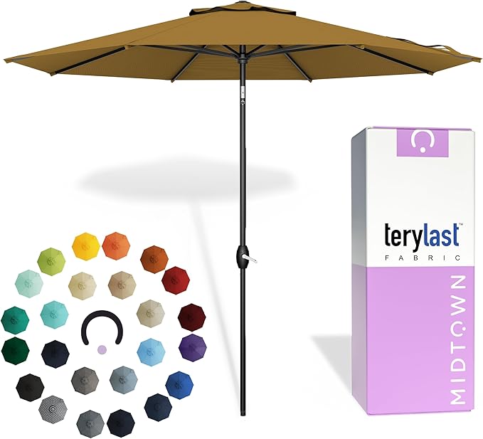 Midtown Umbrellas 10-Year-No-Fade - 8 Ft - UV Proof Sand (Tan) Polyester Fabric - Umbrella Outdoor Patio Auto-Tilt Aluminum Frame Patio Umbrella for Garden Pool &amp Deck - Black Pole