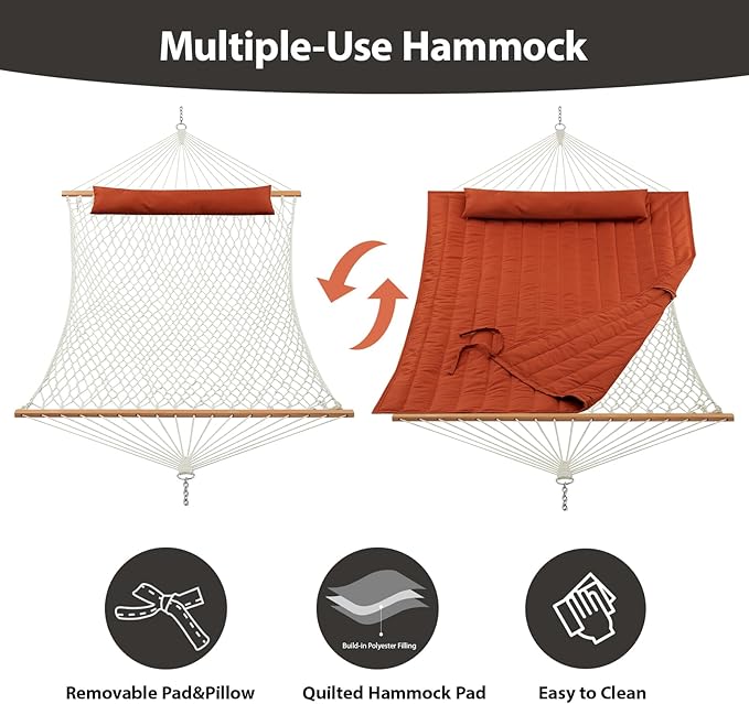 CHULIM Outdoor Double Hammock with Hardwood Spreader Bars Large Rope Hammock with Polyester Pad and Pillow 475 LBS Capacity for 2 Person Patio Backyard Poolside - Terracotta