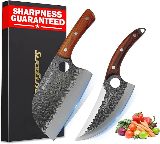SliceElite Heritage Forge Series 2PCS Hand-Forged Serbian Chef &amp Viking Duo Kitchen Tool Meat Cleaver Chopping Knife Outdoor Cooking BBQ Butcher Set Forged Cooking Knives Great Knife for Men and W