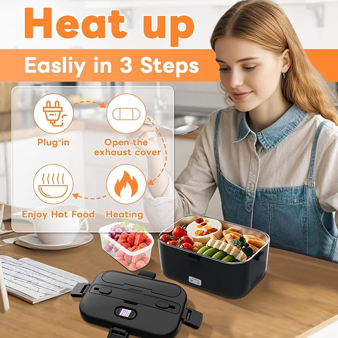 DUPASU Electric Lunch Box Food Warmer: 100W Heated Lunch Box for Adults 1.8L Portable Fast Heating Lunchbox Food Heater for Car Truck Work Travel Lonchera Elctrica Porttil 12/24V/110-230V (Black)