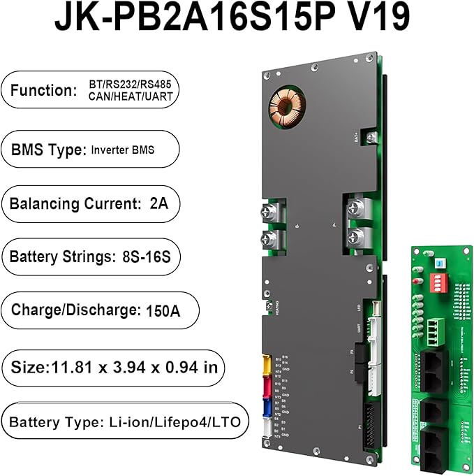 JKBMS Inverter BMS 8S-16S 24V-48V 150A – V19 Home Energy Storage BMS with UART Port 2A Active Balance Built-in Bluetooth RS485 &amp CAN for Solar System (JK-PB2A16S15P V19)