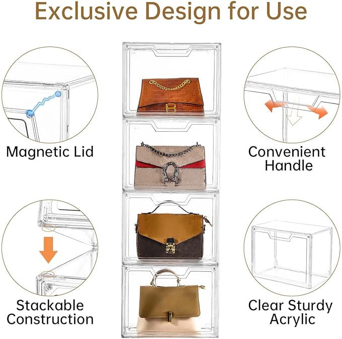 Freebat Stackable Storage Bins Clear Acrylic Display Case 9-Pack Acrylic Boxes with Lids Clear Storage Containers Storage for Handbags Collectibles &amp Figures