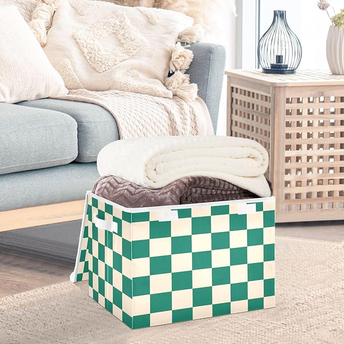 Green Checkerboard Square Grid Storage Box with Lid 1 PC Foldable Storage Bin with Lids Stackable Storage Bins Cube Closet Organizer Basket with Flip-Top Lid &amp Handles for Shoes Books Towels