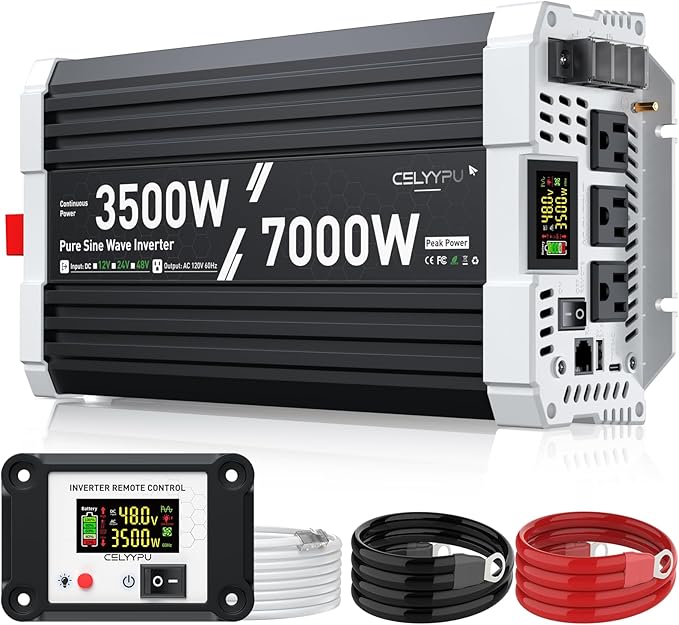 3500 watt Pure sine Wave Inverter 48V DC to 110V AC Power Inverter Used for Solar Emergency Power Supply in RV Homes with 3 AC Output sockets USB Port Type-C Port Remote Control with LCD Screen