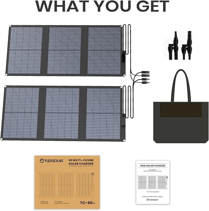 FlexSolar 120W (2-Pack 60W) N-Type Solar Panel 25% High Efficiency IP67 Waterproof Half-Cut Cell Lightweight Parallel Charger for RV Camping Off-Grid &amp Portable Power Station