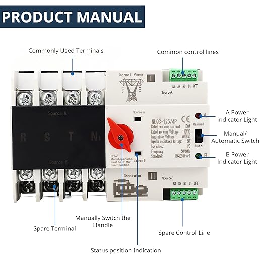 Power Automatic Transfer Switch 4P 100A Generator Changeover Switch AC110V Electronic Circuit Breaker Rail Mounted Type Millisecond Fast Switching Controller for PZ30