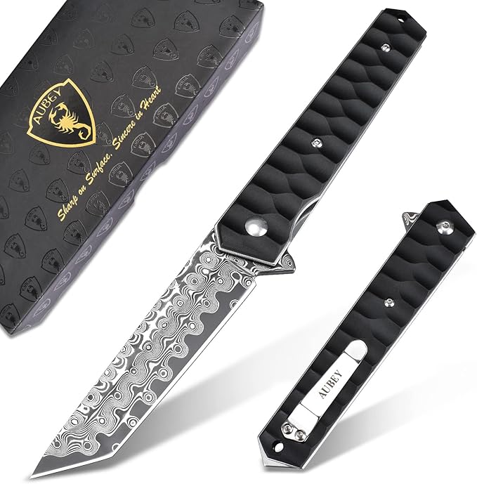 AUBEY Damascus Pocket Knife with Clip Tanto Blade Damascus Steel Folding Knives for Men Tactical Aluminum Handle with Glass Breaker for EDC Camping Gift