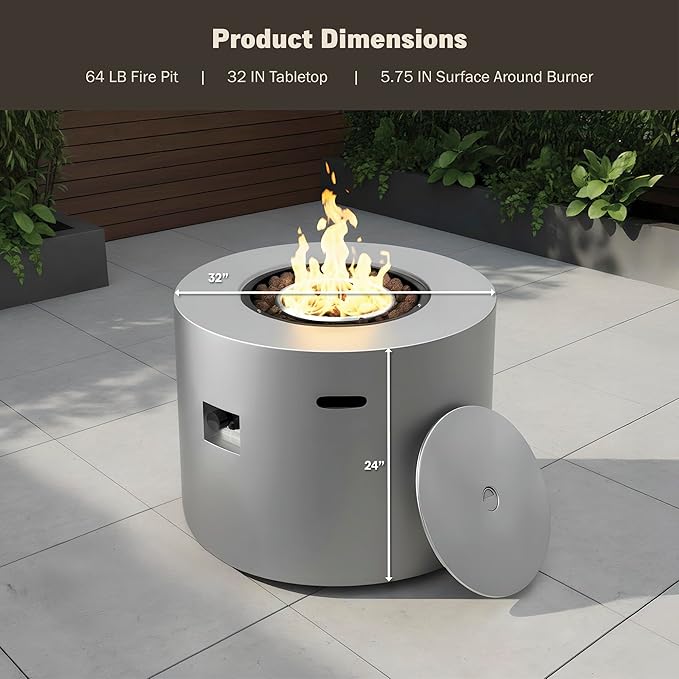 Kinger Home Loren 32-Inch Round Propane Fire Pit Table Alloy Steel Outdoor Fire Pit with 50000 BTUs Includes a Burner lid Lava Rocks and Weatherproof Cover