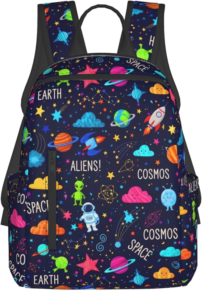 Cartoon space rockets astronaunt planets stars alien art Travel Backpack Water Resistant Bookbag