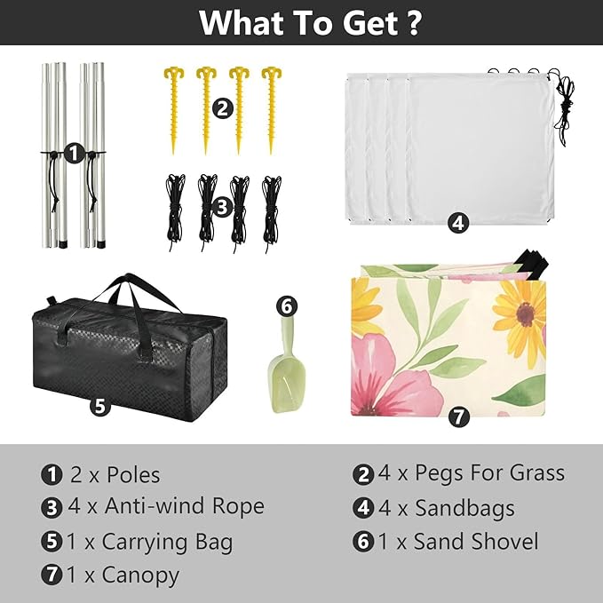 xigua Wildflowers Beach Tent Sun Shelter with Carrying Bag - Silver Coated Oxford Fabric Beach Canopy for Beach Camping Fishing - Includes Windproof Ropes Sandbags &amp Stakes