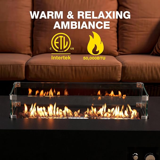 42'' Outdoor Propane Fire Pit Table 50000 BTU Rectanle Natural Gas Fire Pits with Tank Cover Wind Guard No Assembly Low Profile Fire Table for Outside Patio &amp Backyard Black
