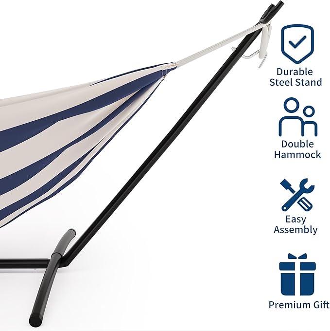 GAOMON Double Hammock with Steel Stand for Outside Portable Space Saving for Indoor Outdoor Patio w/Carrying Bag 450 lbs Capacity - Blue&ampWhite Stripes