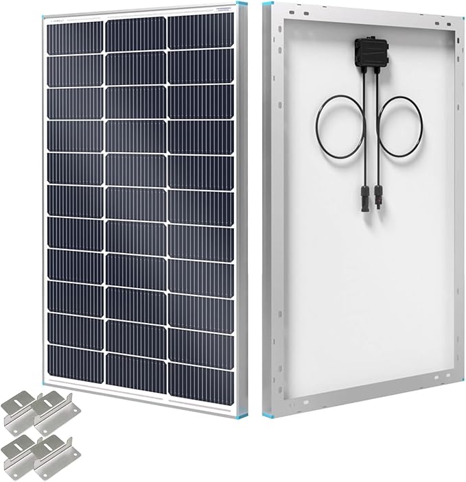 Renogy Solar Panel 100 Watt 12 Volt with Mounting Z Brackets 16BB 100W N-type Solar Panels 25% High-Efficiency PV Module Power Charger for RV Marine Rooftop Farm Battery