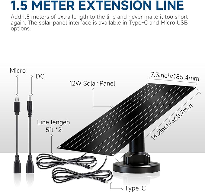 12W Solar Panel for Security Camera 5V USB-C Solar Charger with Micro USB &amp Barrel Adapters Outdoor Weatherproof for Continuous Home and Property Monitoring (3)