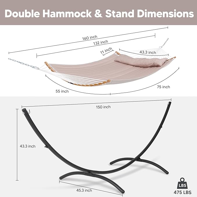 SUNCREAT Portable Double Hammock with Stand Outdoor Standing 2 Person Hammock Combo Patent Pending Tan