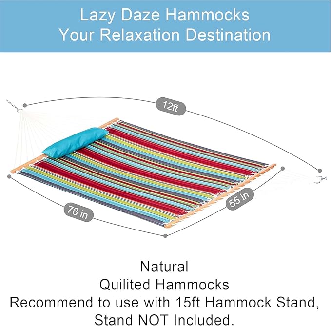 Lazy Daze Hammocks 12 FT Quilted Fabric Double Hammock with Spreader Bars and Detachable Pillow 450lbs Weight Capacity