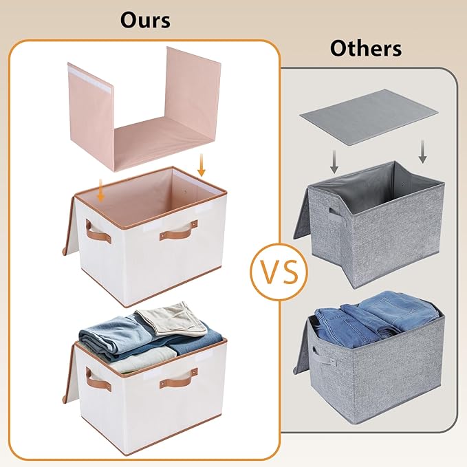 Univivi Heavy Duty Fabric Storage Bins with Lid Large 17 10 Gallon Stackable Storage Bins with Leather Handles Decorative Storage Boxes with Lids for Bedroom Closet Nursery Office 3-Pack(Beige)