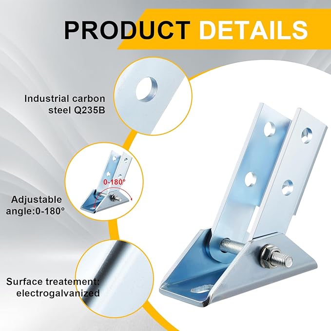 4 Pcs Adjustable Brace Fitting Fit for 1/2 Bolt in 1-5/8 Strut Channel Solar Panel Bracket Base 8 Hole Wing 180 Degree Turn Joint Connector Bracket for Mounting and Supporting Solar Panel