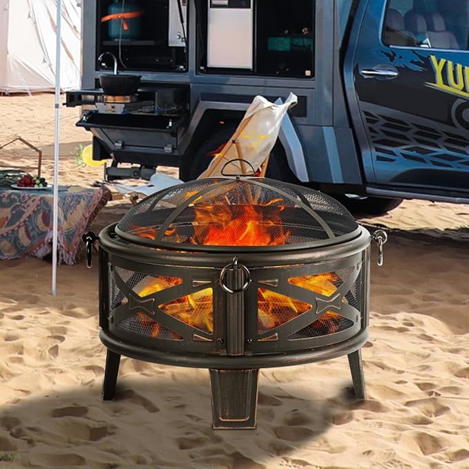 Breezz 26 Inch Wood Burning Fire Pit with Cooking Grill and Spark Screen Outdoor Metal Round Firepit for Patio Backyard Bonfire Party Camping