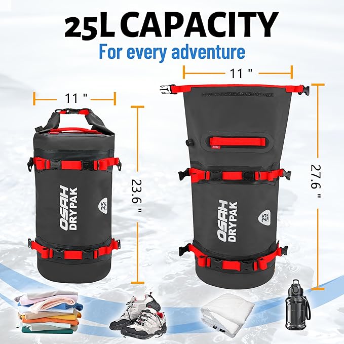 OSAH DRYPAK 25L Waterproof Dry Bag - Motorcycle Luggage Tail Bag with Straps for Back Seat Roll Top Lightweight Waterproof Backpack Sack for Travel Swimming Boating Kayaking Camping and Beach