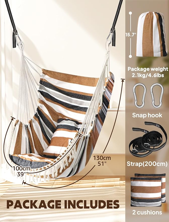 Chihee Hammock Chair Hanging Swing 2 Pillows IncludedStrong Webbing Straps and Hooks for Easy Hanging Soft Cotton Hanging Chair Side Pocket Tassel Chair Comfort Indoor Outdoor Brown Stripes