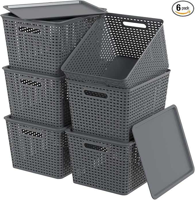 Zopnny Plastic Storage Baskets with Lid Stackable Storage bins for Organizing Shelves Drawers Desktop Closet Playroom Classroom Office 6 Pack 20 Quart