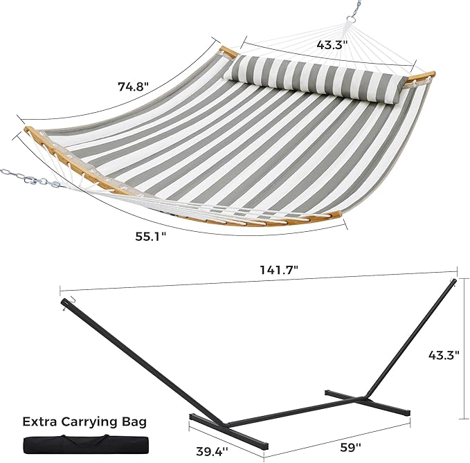 SUPERJARE Curved-Bar Hammock with Stand 2 Person Heavy Duty Hammock Frame Detachable Pillow &amp Portable Carrying Bag Perfect for Outdoor &amp Indoor Black and White Stripe