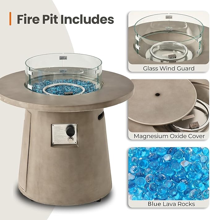 HOMPUS Outdoor Propane Fire Pit 31-inch Round Gray Propane Fire Pit with 10 lbs Aqua Blue Fire Glass 40000 BTU Gas Smokeless Fire Pit Table Patio Concrete Firepit with Rain Cover